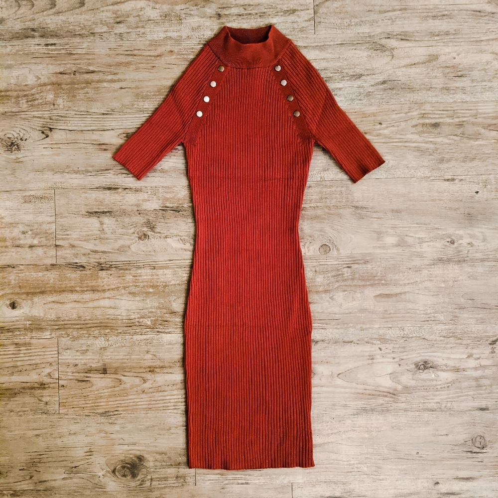 Studded Silver Heavy Metal Burnt Orange Sweater Dress Above the Knee Dress - Picture 6 of 9